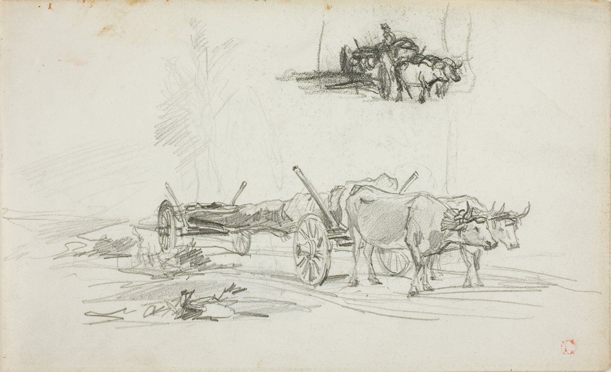 Two Sketches of Oxen Hauling a Log by Charles Francois Daubigny