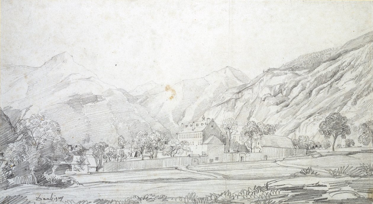View of Buildings in a Walled Enclosure with Mountains in the Background by Charles Francois Daubigny