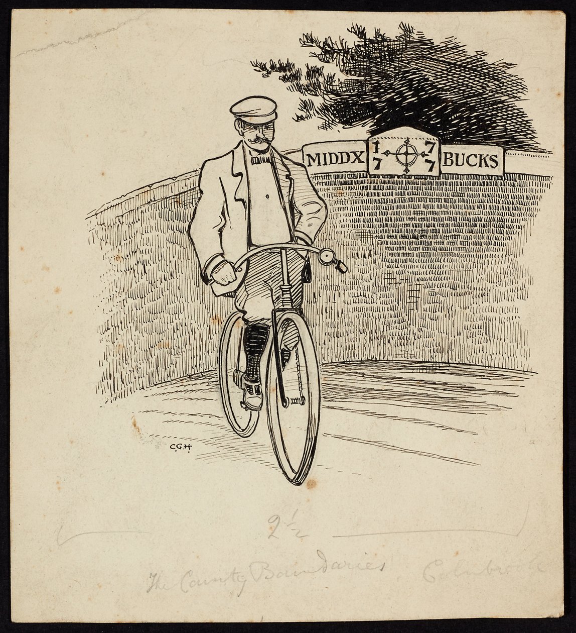 A Man on a Bicycle in Front of a Sign Marking the County Boundary Between Middlesex and Buckinghamshire by Charles George Harper