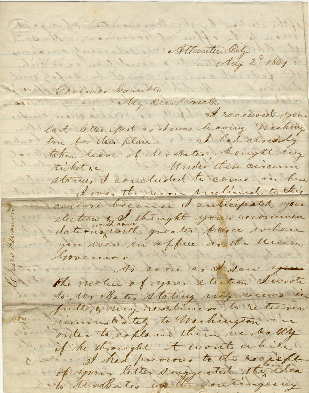 Letter signed C. Gibson, Atlantic City, to Governor Gamble, August 2, 1861 by Charles Gibson