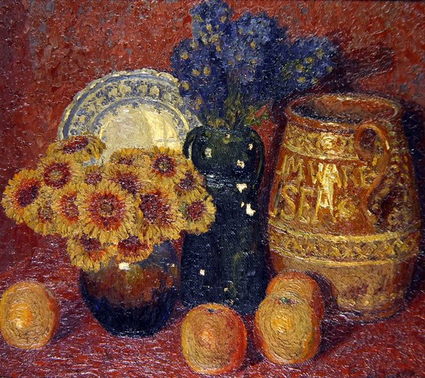 Still Life: Flowers, Pottery and Apples by Charles Ginner