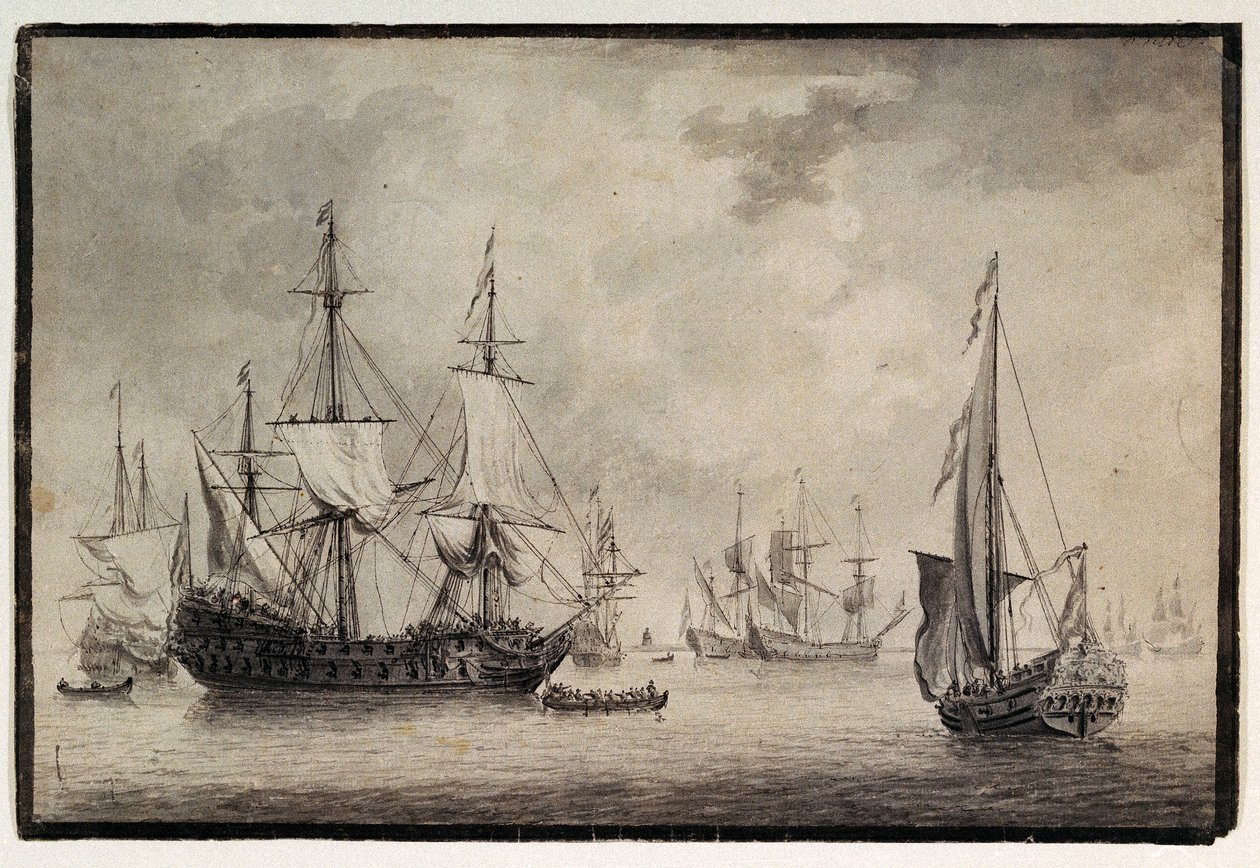 Dutch man-of-war, states yacht and distant shipping in a harbour, late 18th century by Charles Gore
