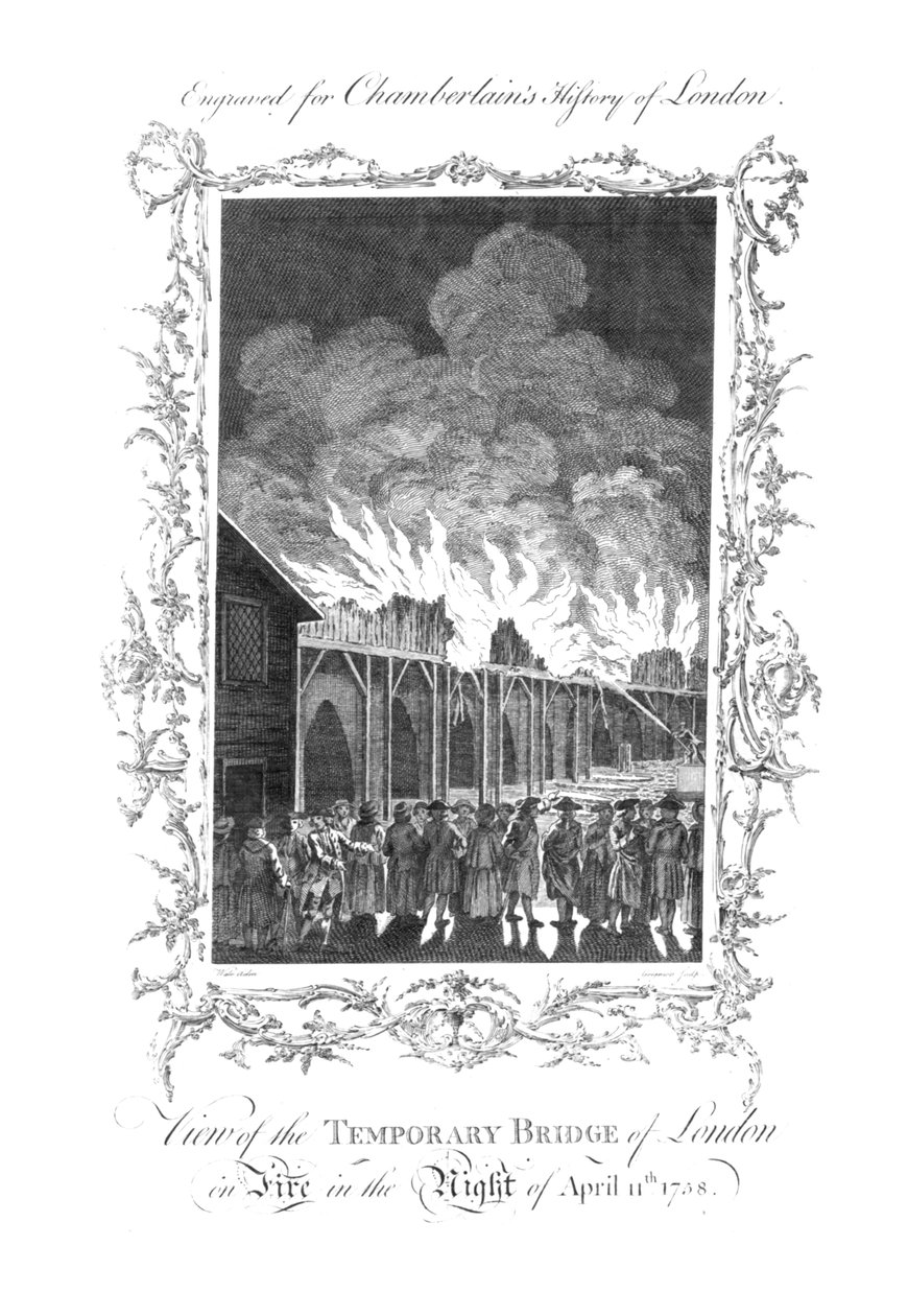 View of the Temporary Bridge of London on Fire by Charles Grignion