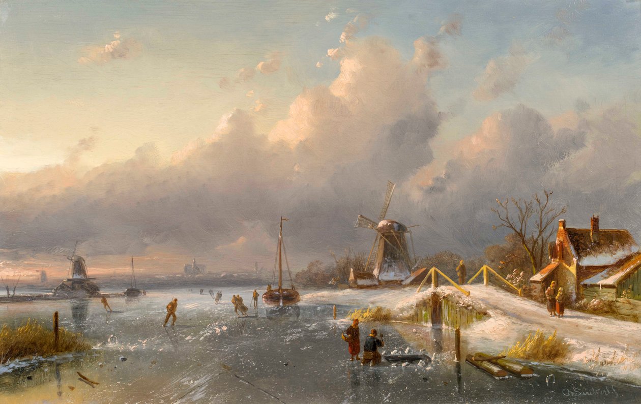 A Winter Landscape with Windmills and Skaters on a Frozen Waterway by Charles Henri Joseph Leickert