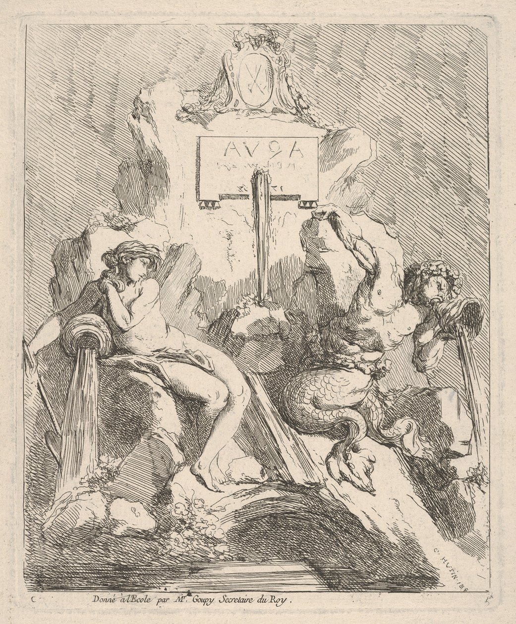 Design for a Fountain with a Seated Nymph at Left and Triton Holding a Shell to His Mouth by Charles Hutin
