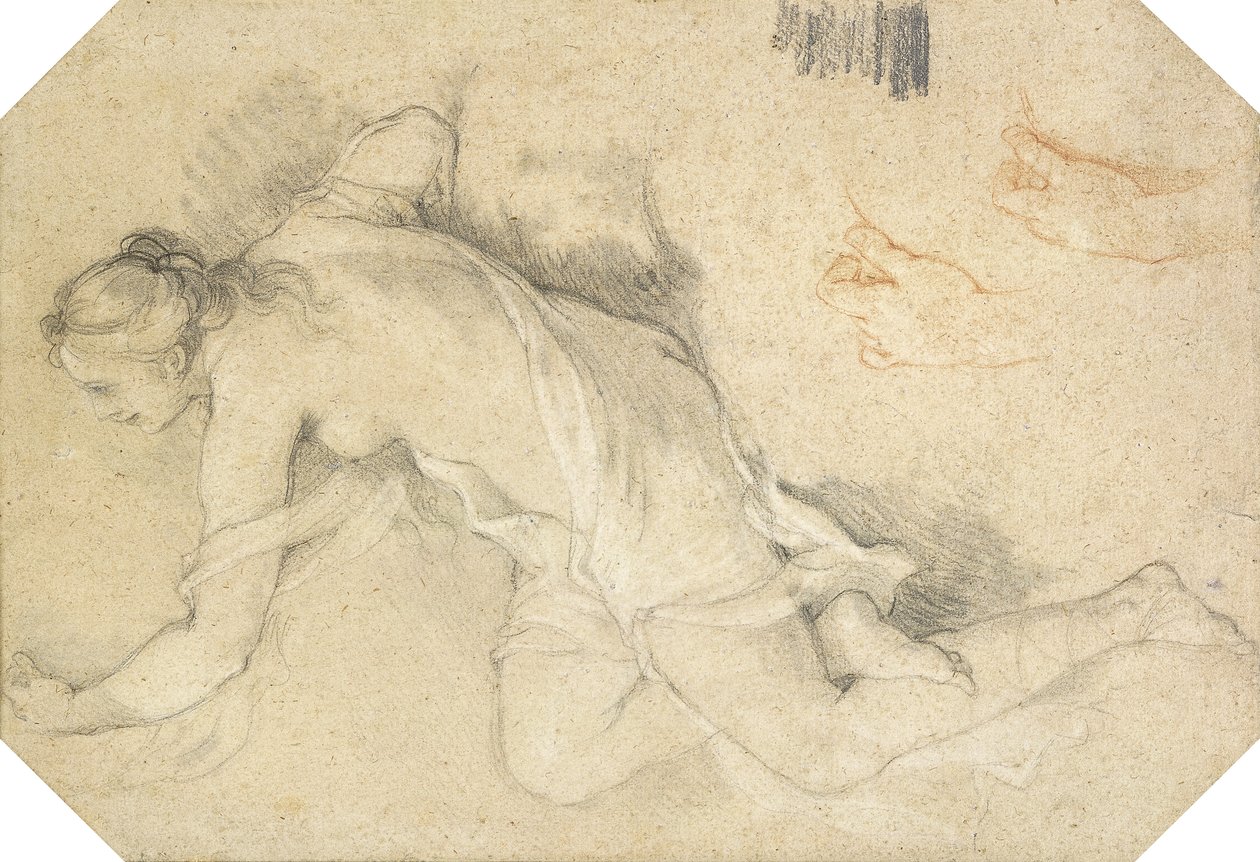 A Nude Young Woman Seated in Profile on the Left, Raising Her Left Arm, and Two Subsidiary Studies of Her Left Hand by Charles Joseph Natoire