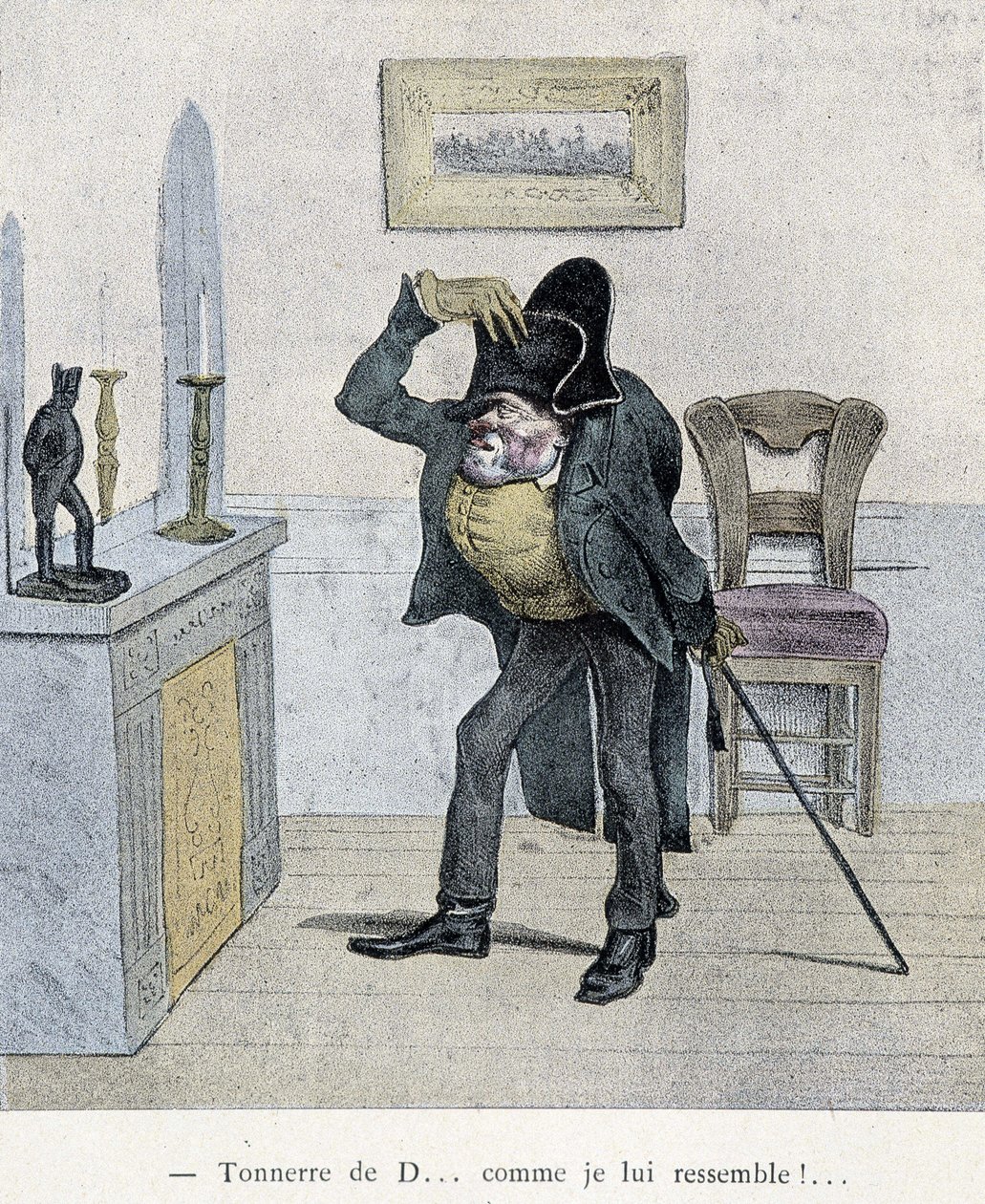 Thunder of D... as I look like him!... Cartoon of Travies dating from the 19th century depicting a man comparing himself to a statuette of Napoleon. by Charles Joseph Travies de Villiers
