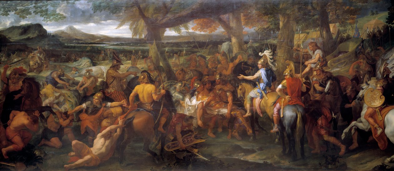 Alexander and Porus. In 327 BC, Alexander the Great continued his conquest towards the Indus Valley. In 326 BC, he defeated Puru (or Poros, king of the Paurava tribe in the 4th century BC) and his army of war elephants in the Battle of Hydaspe by Charles Le Brun