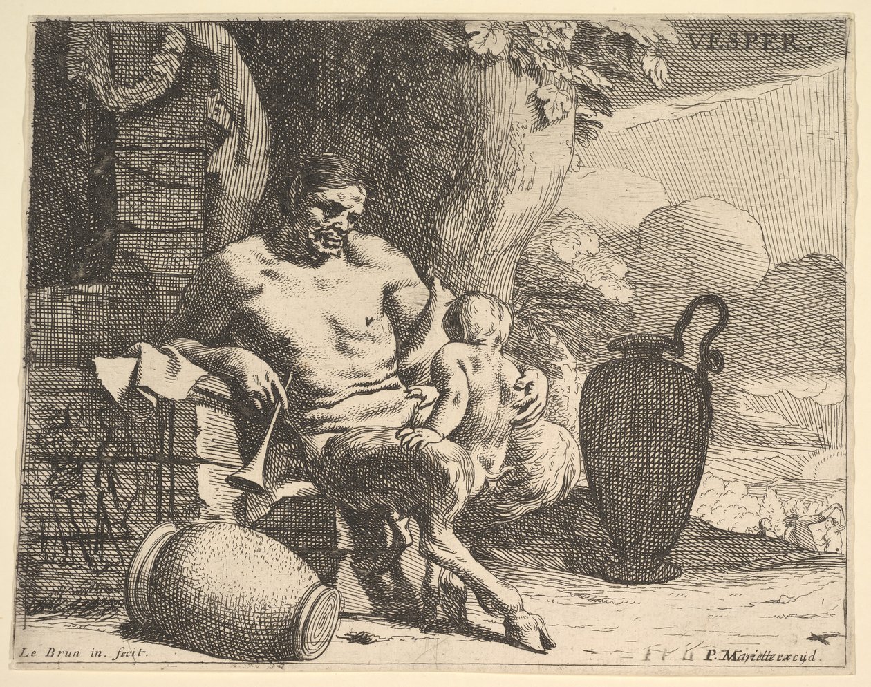Evening: A Seated Satyr Clasps His Child, a Figure Hangs a Garland on a Pier Beyond by Charles Le Brun