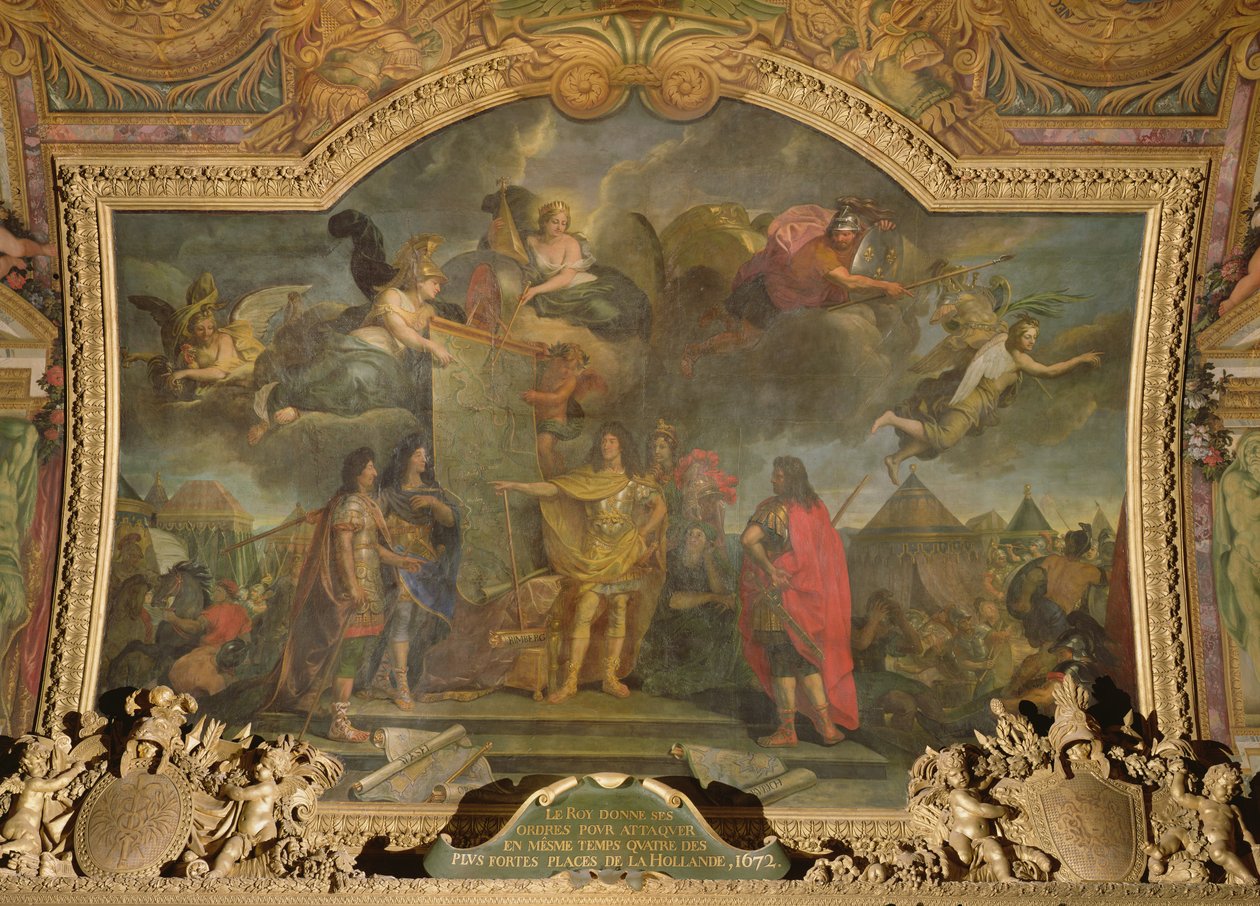 King Louis XIV Gives Orders to Simultaneously Attack Four of the Strongest Dutch Positions in 1672, Ceiling Painting from the Galerie des Glaces by Charles Le Brun