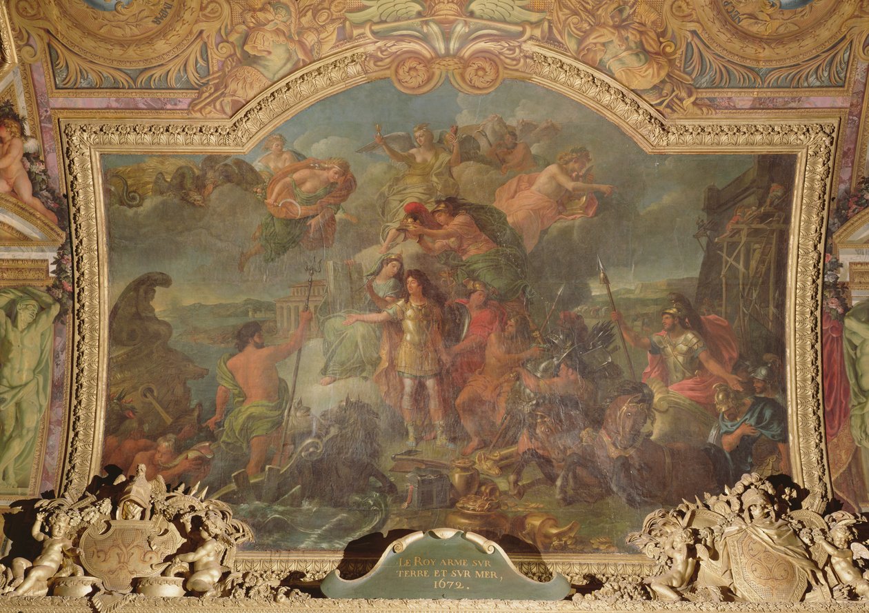 King Louis XIV taking up Arms on Land and on Sea in 1672, Ceiling Painting from the Galerie des Glaces by Charles Le Brun