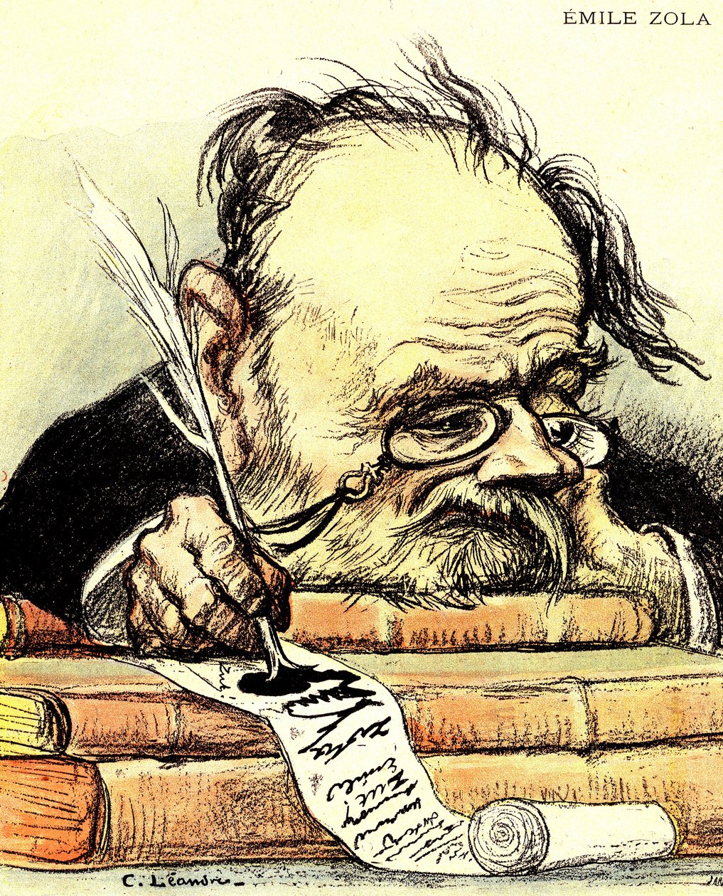 Cartoon by Emile Zola writing, visibly lacking inspiration - Illustration by Charles Leandre in 