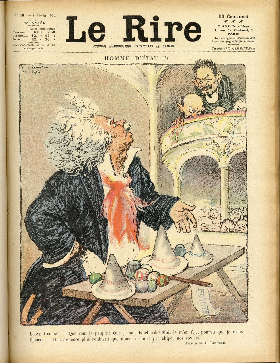Illustration for the Cover of Le Rire, 07/02/1920 - Statesman - David Lloyd George and Ebert Friedrich by Charles Leandre