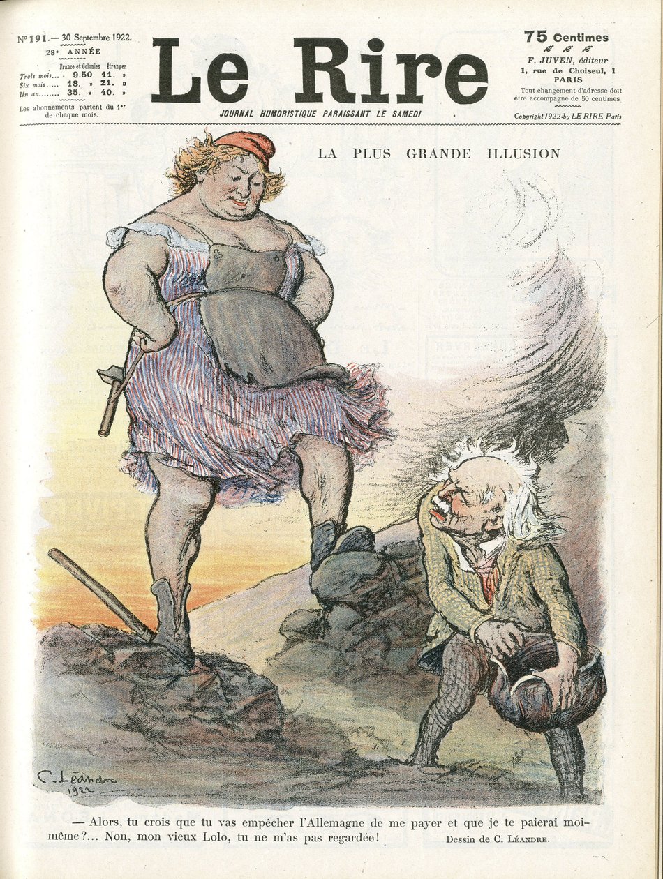 Illustration of Charles Leandre for the Cover of Le Rire, 30/09/22 - The greatest illusion - Germany Prussia, England Great Britain, Reparations - Marianne, David Lloyd George by Charles Leandre