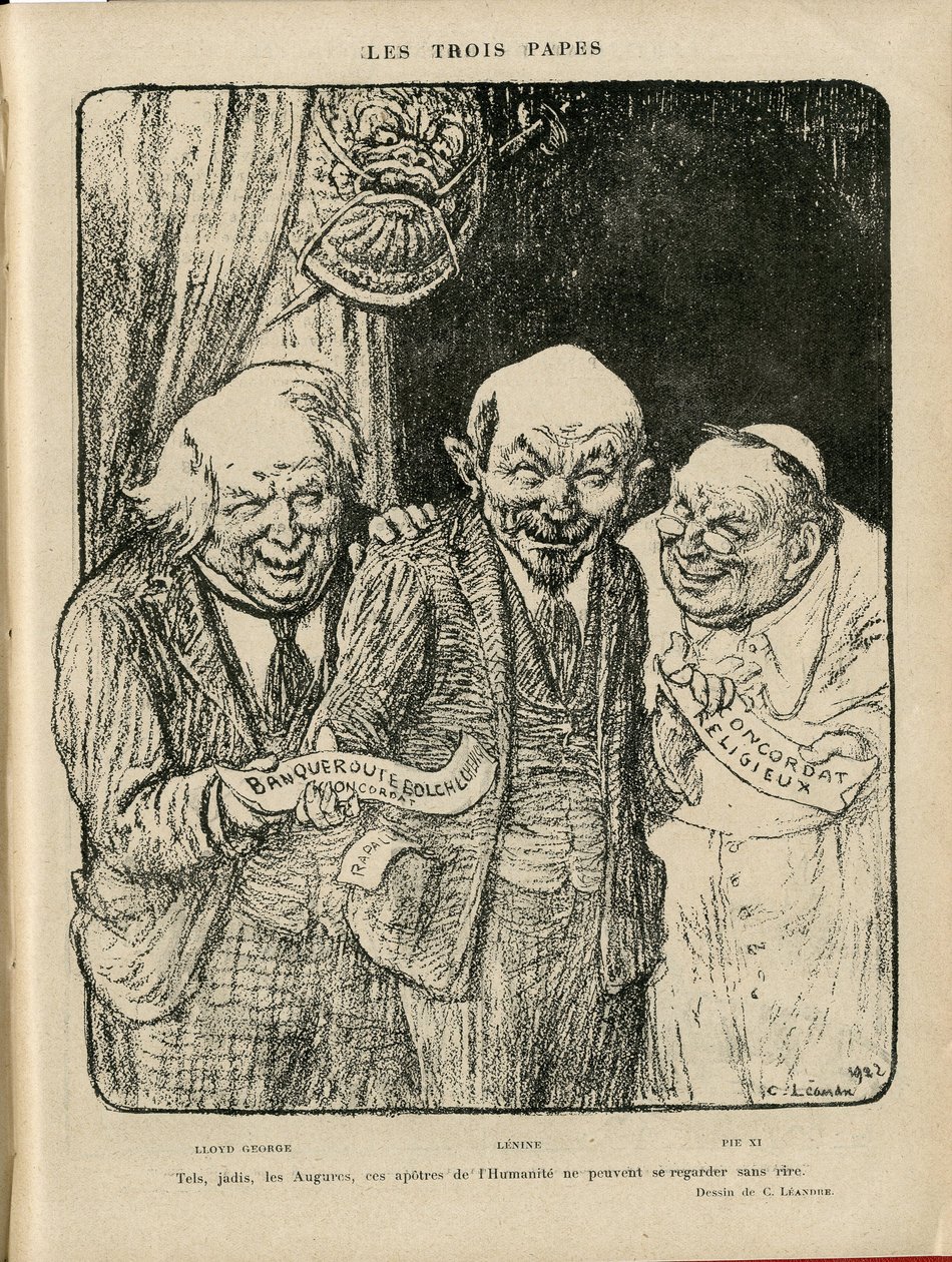 Illustration of Charles Leandre in Le Rire, 03/06/22 - The Three Popes - England Great Britain, U.S.R., Verifier dates, Reichstag - Lenine, Lloyd George, Pius XI by Charles Leandre