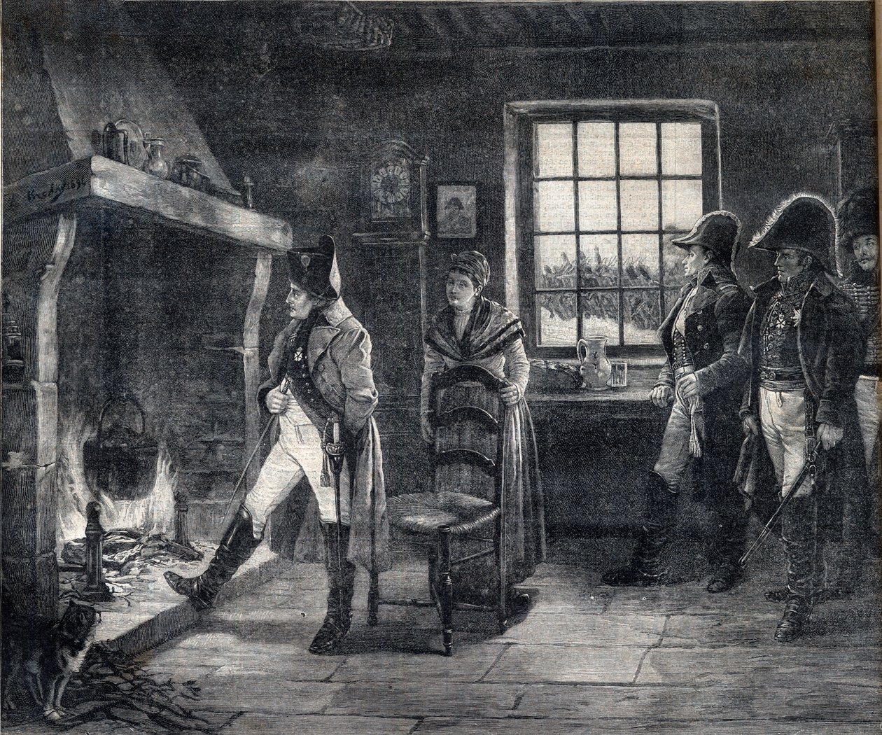 Emperor Napoleon I Heating Himself by a Wood Fire in a Snow Landscape - Napoleon After the Battle of Waterloo in 1814 - Engraving After the Painting of Charles Louis Kratke (1848-1921). by Charles Louis Kratke