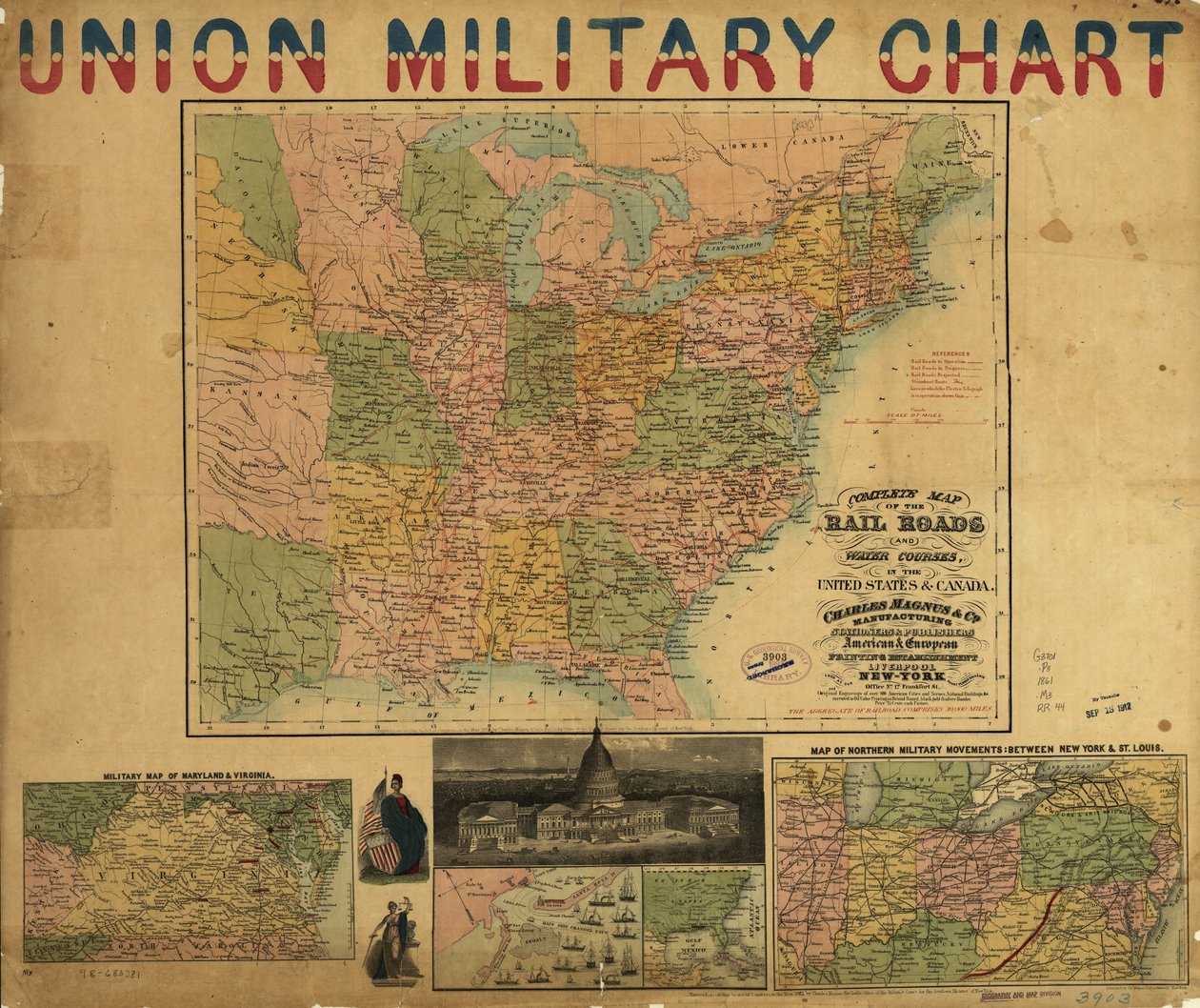 Complete Map of the Rail Roads and Water Courses, in the United States & Canada by Charles Magnus