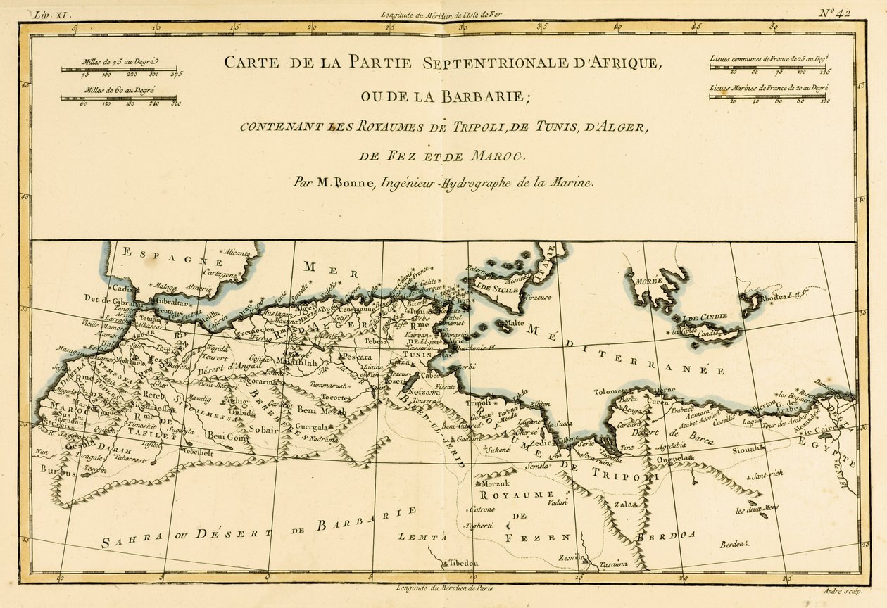 North Africa, Including the Kingdoms of Tripoli, Tunis, Alger; Fez and Morocco, from Atlas de Toutes les Parties Connues du Globe Terrestre by Guillaume Raynal (1713-96) Published Geneva, 1780 by Charles Marie Rigobert Bonne