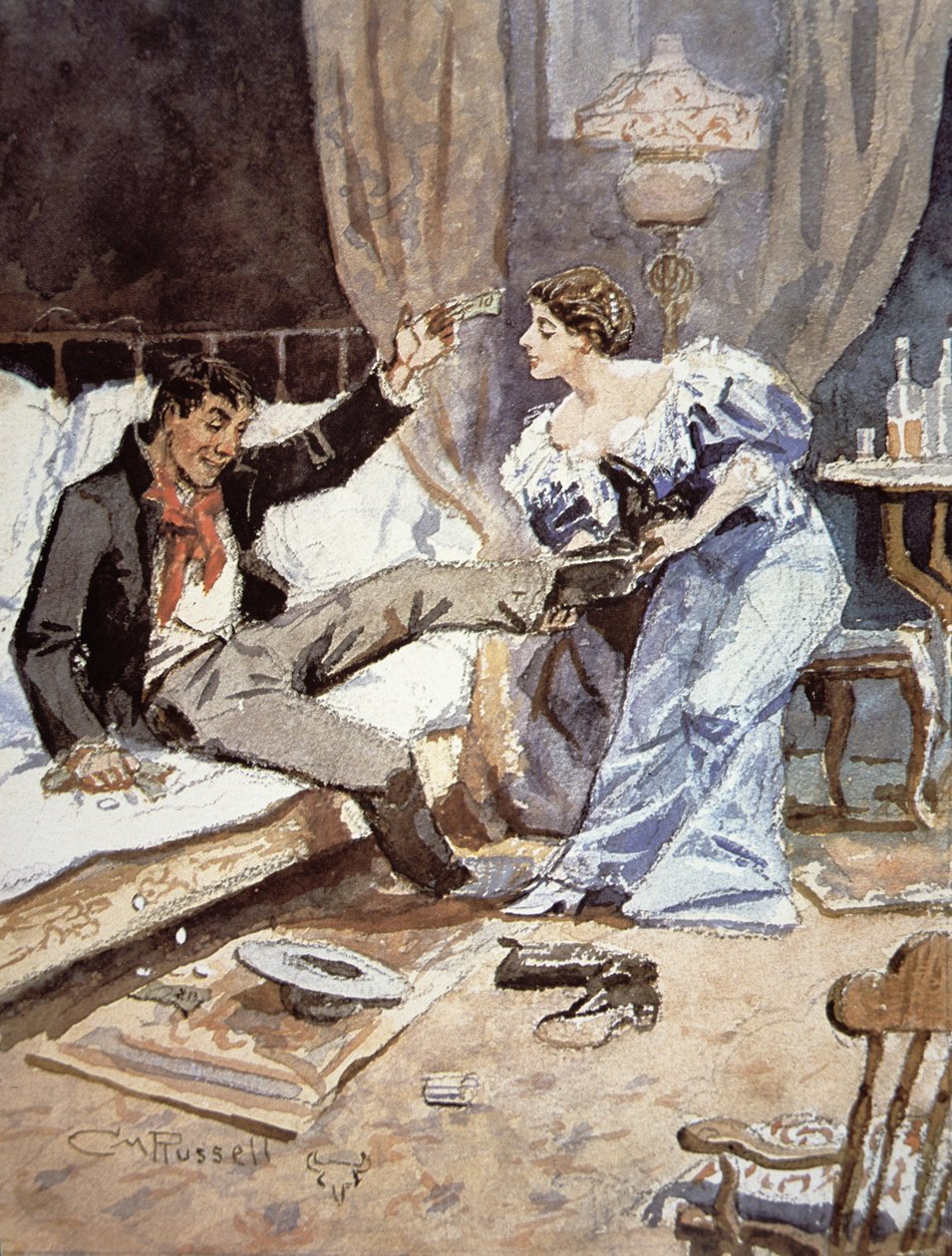 Saloon girl with a drunken cowboy, c.1898 by Charles Marion Russell