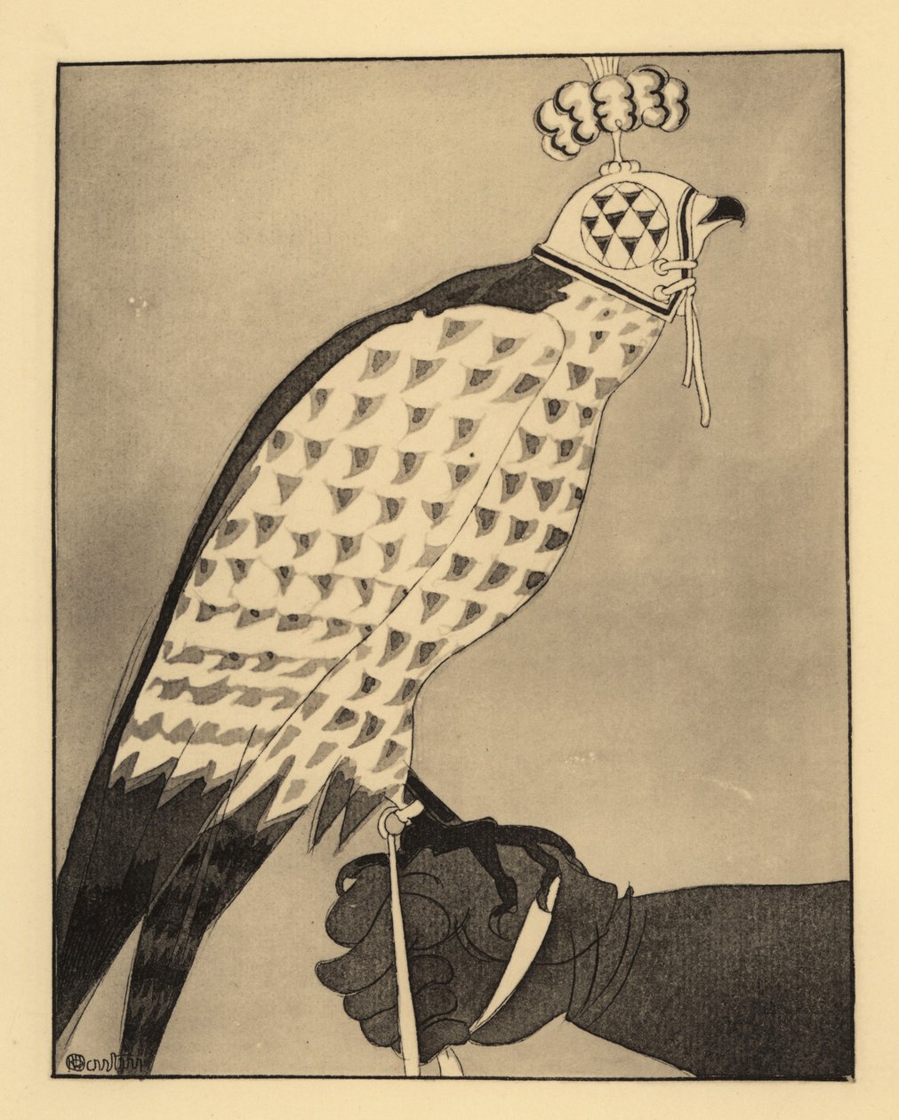 Hunting falcon in hood perched on a falconer’s gauntlet by Charles Martin