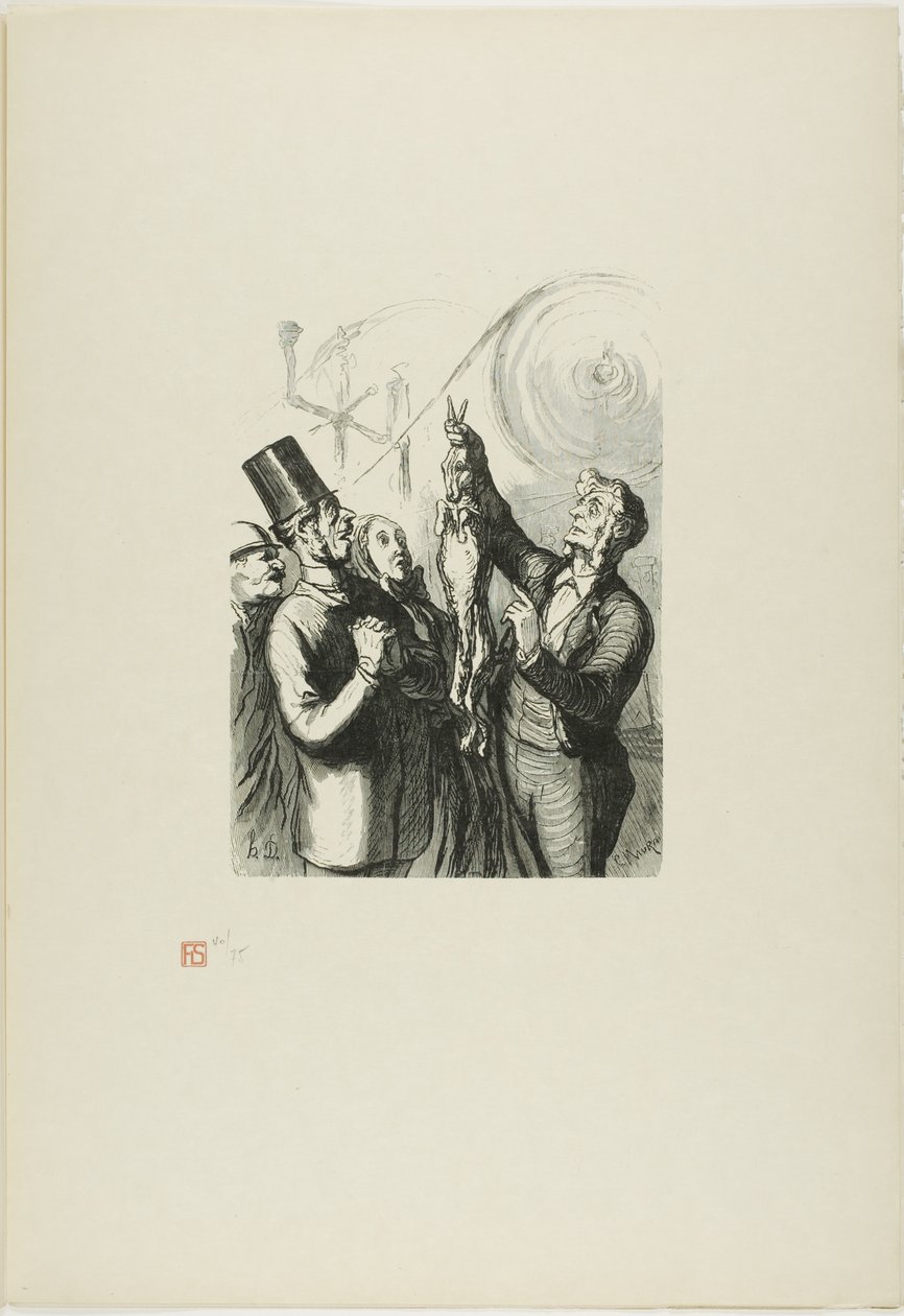 At the Universal Exhibition: The producer of felt hats. Here you can see a live rabbit, which I will dump into the machine like that... by Charles Maurand