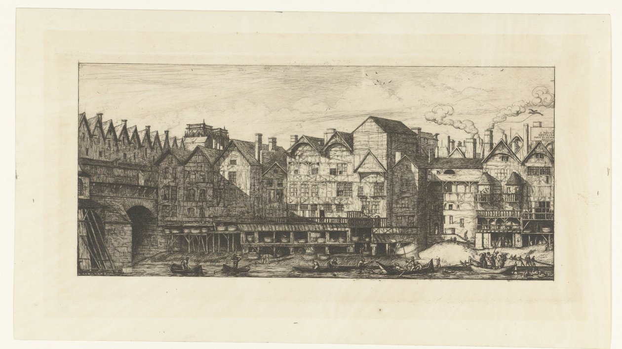Back Facades of Houses with Furriers on the Seine near Pont-au-Change in Paris (title on object) by Charles Meryon