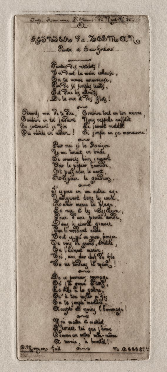 Etchings of Paris: Dedication to Reynier Nooms, called Zeeman by Charles Meryon