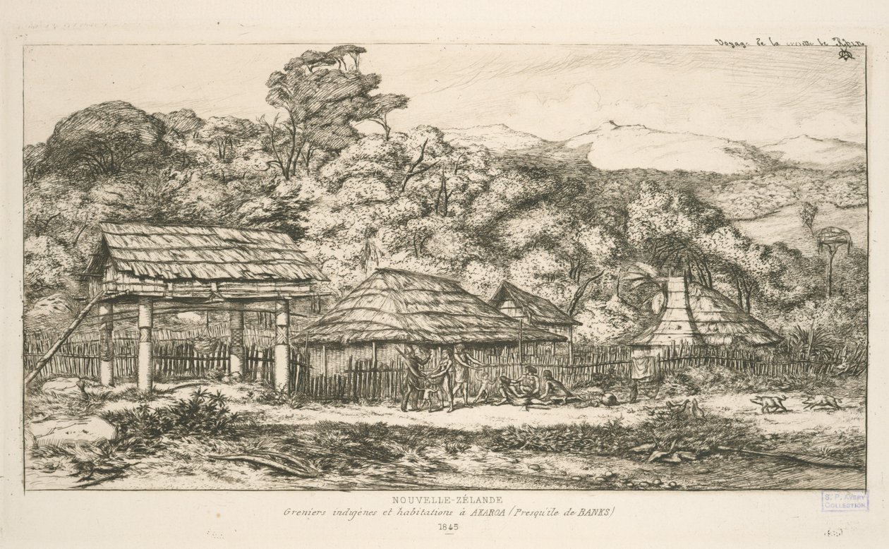 Indigenous Granaries and Dwellings at Akaroa, Banks Peninsula, Illustration from 