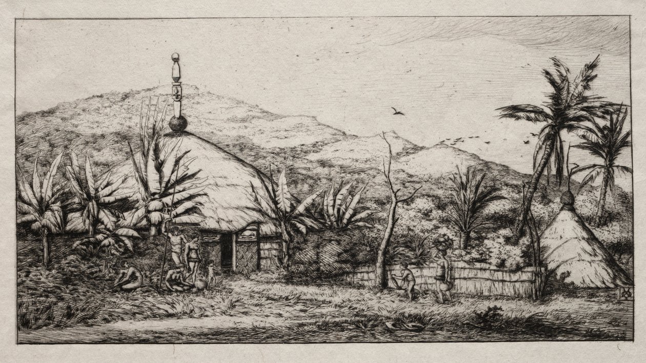 New Caledonia: Large Native Hut on the Road from Balade to Puebo, 1845 by Charles Meryon