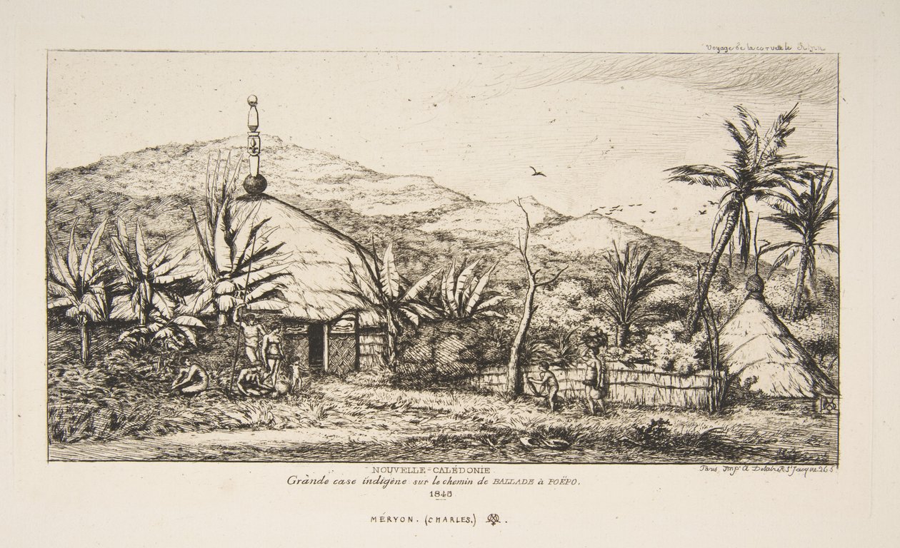 New Caledonia: Large native hut on the road from Balade to Puebo, 1845, from "The Voyage to New Zealand (1842-46)" by Charles Meryon