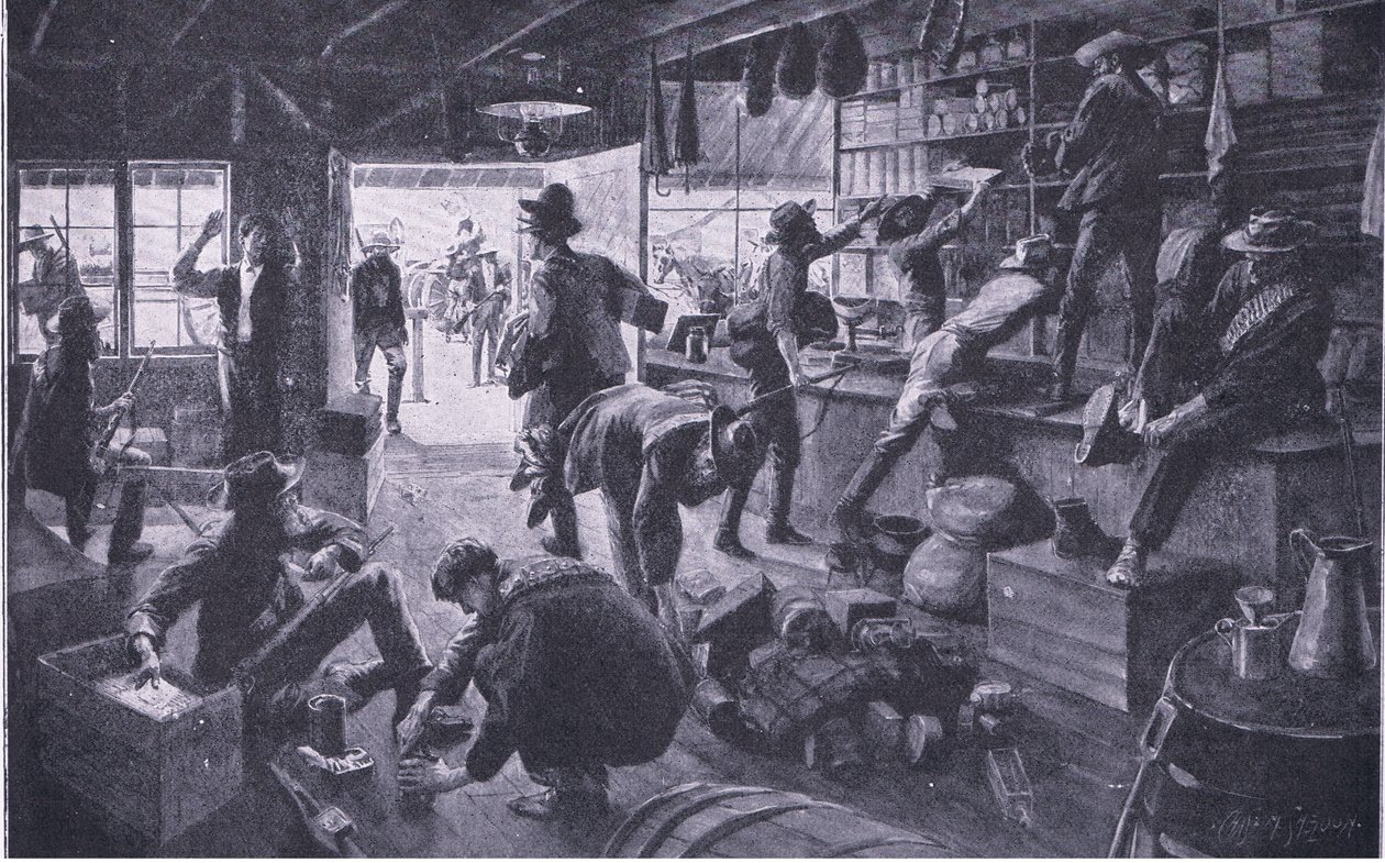 Boers looting a store in the Grange River property (illustration from After Pretoria: The Guerilla War) by Charles Mills Sheldon