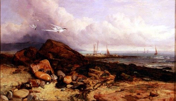 Shore Scene with Fishing Boat and Terns by Charles Napier Hemy