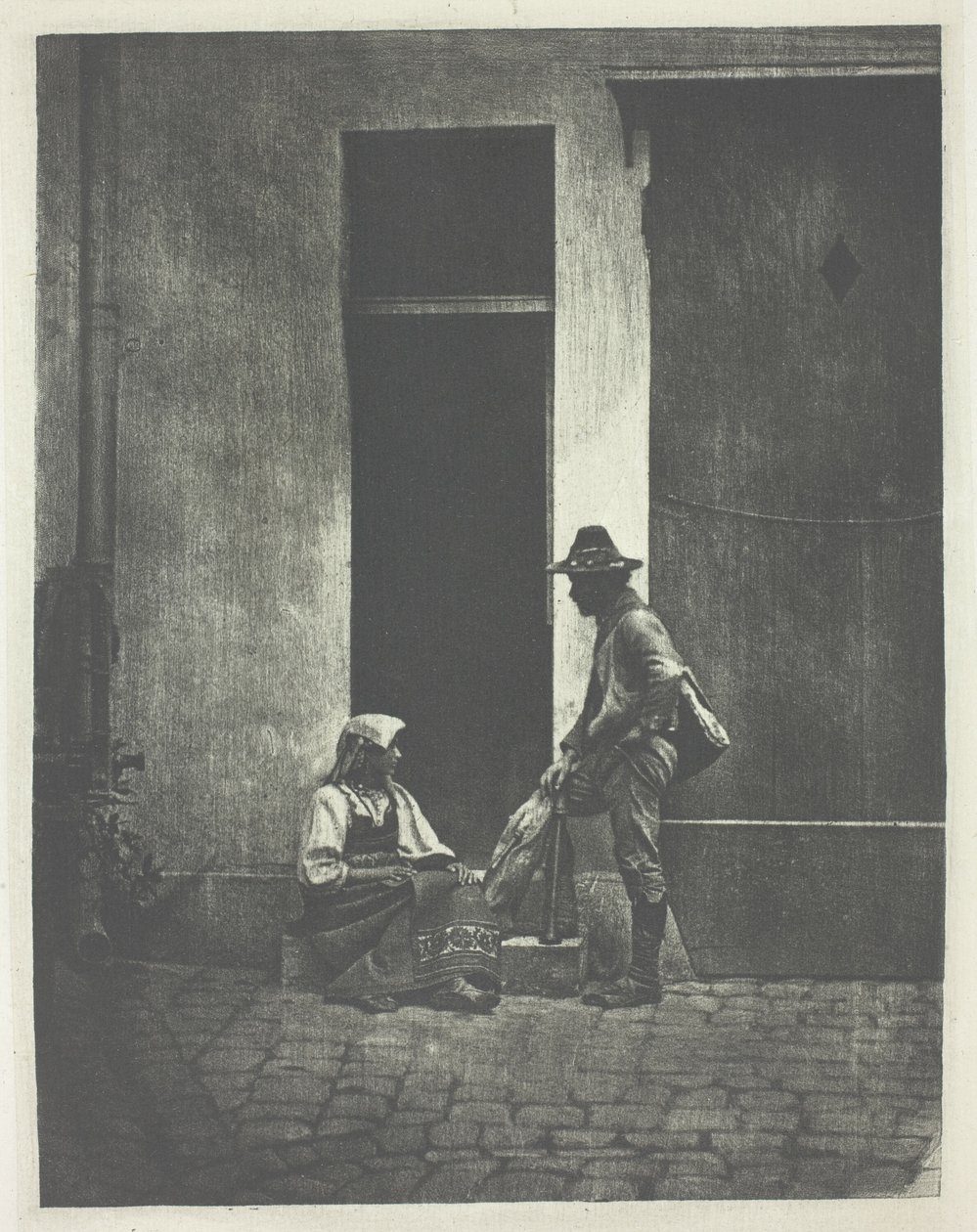 Standing Pifferaro and Seated Italian Peasant Woman, in the Courtyard of 21 Quai Bourbon by Charles Nègre