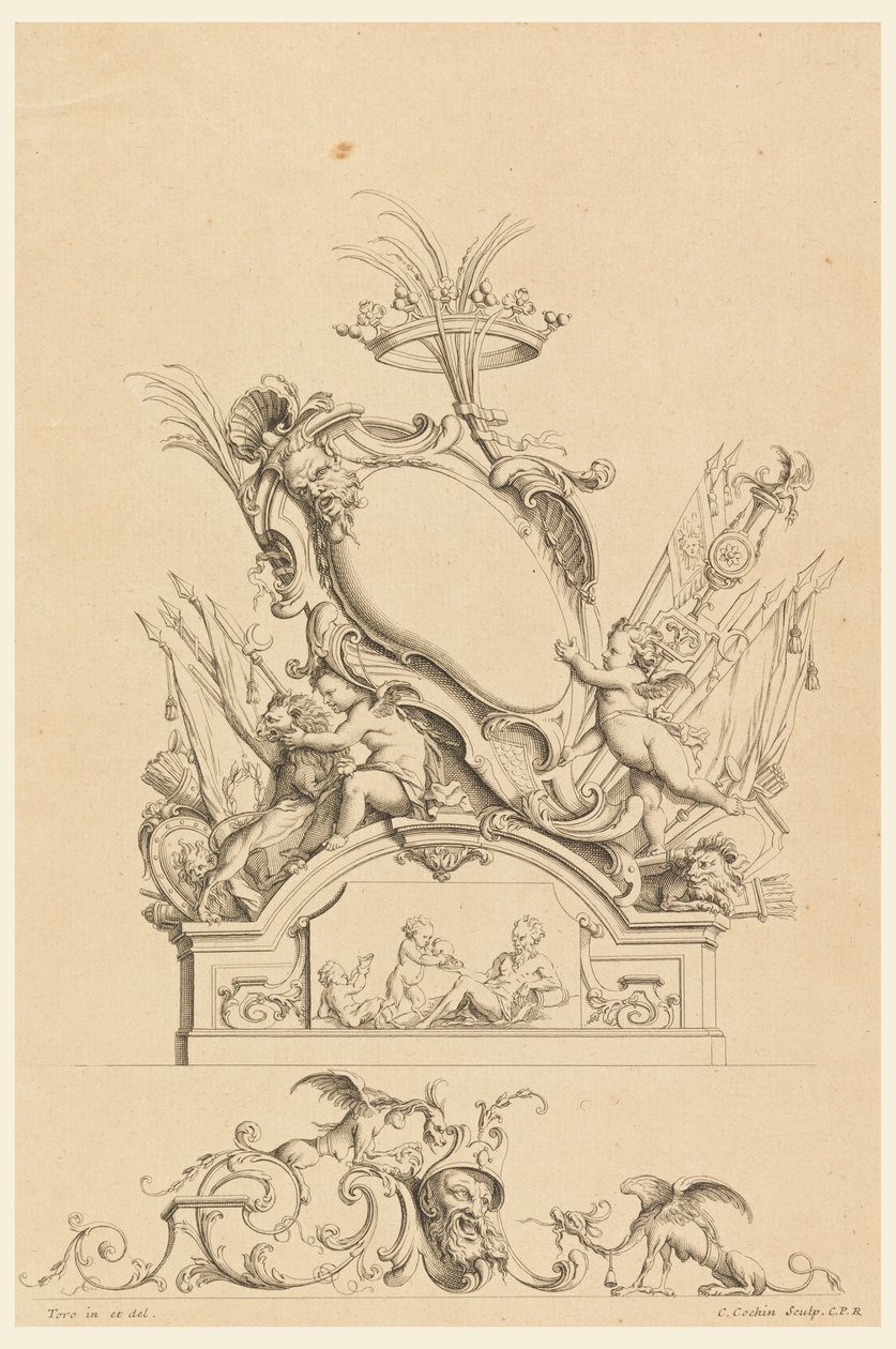Design for Cartouche with Crown, Two Putti Serving Bacchus, and Two Lions from "Cartouches Nouvellement Inventez" by Charles Nicolas Cochin the younger