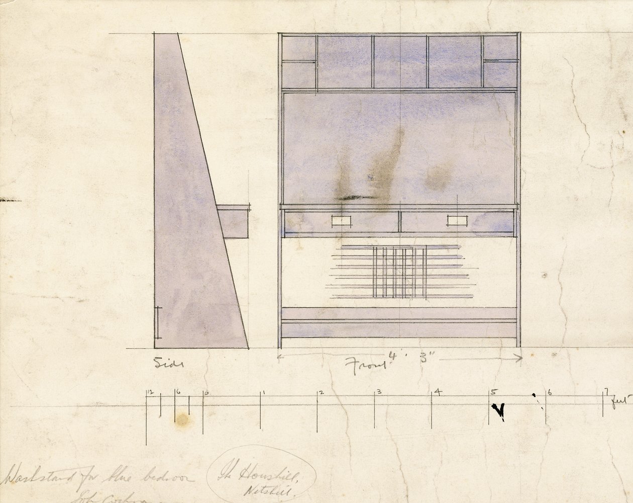 Design for a washstand, shown in side and front elevation, 1904 by Charles Rennie Mackintosh