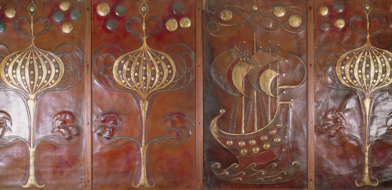 Embossed, painted and gilded leather panels, made by the Guild of Handicraft, 1892 by Charles Robert Ashbee