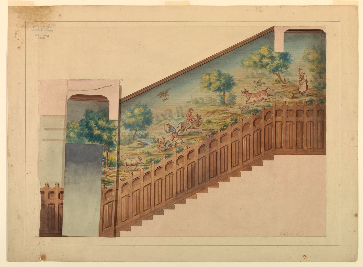 Design with Overlay for Portion of Stairway in Château-sur-Mer, Newport, Rhode Island by Charles Salagnad, French