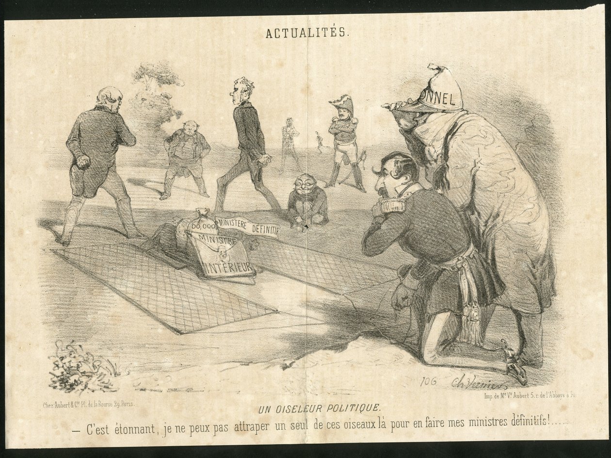 Illustration by Charles Vernier in Le Charivari - A Political Birdcatcher - President of the Republic, Ministry of the Interior - Thiers Adolphe, Napoleon III, Faucher Leon - Portfolio by Charles Vernier
