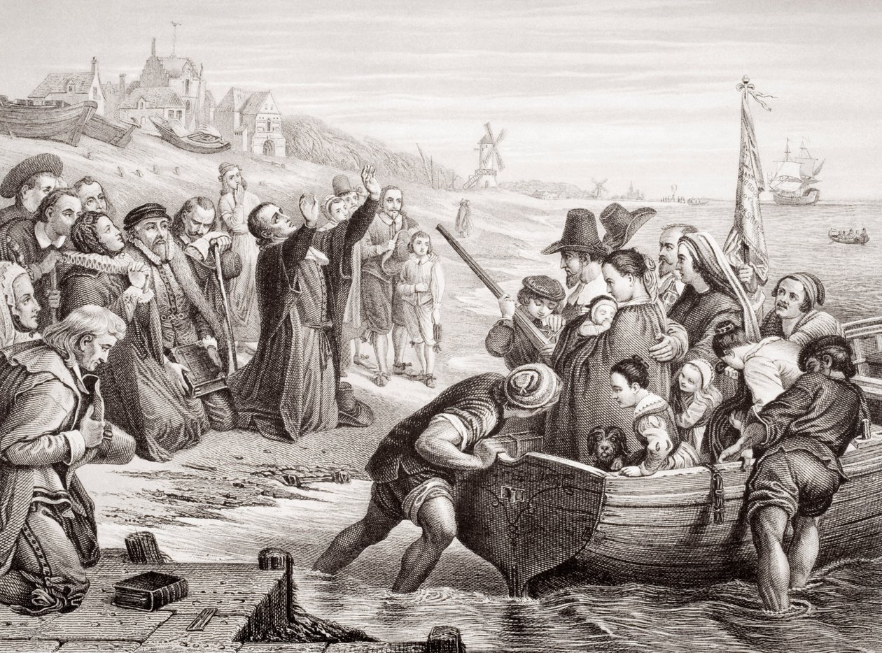 Departure of the Pilgrim Fathers from Delft Haven in July 1620 (engraving) by Charles West Cope