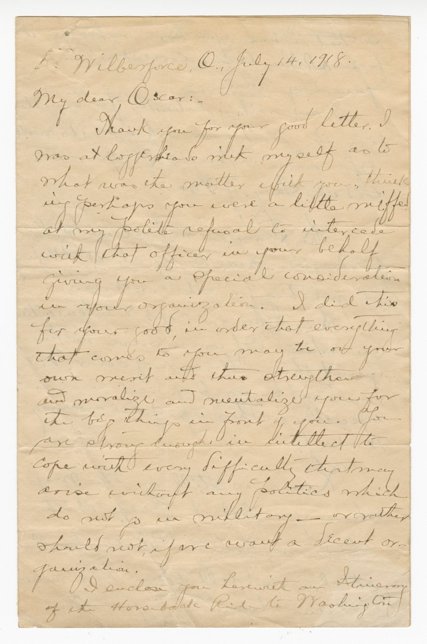 Letter to Oscar W. Price from Colonel Charles Young, July 14, 1918 by Charles Young