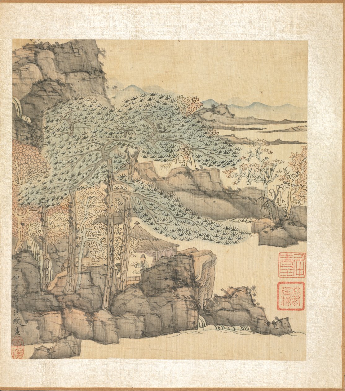 Paintings after Ancient Masters: Scholar Reading in a Thatched Hut by a Waterfall by Chen Hongshou