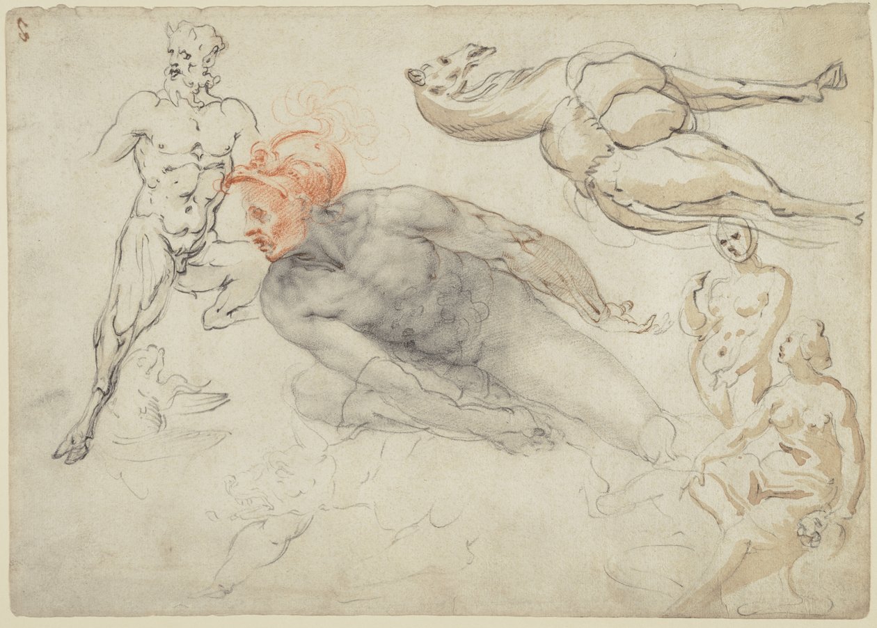 Studies of Male and Female Nudes, a Satyr, and a Camel (recto); Statue of Marcus Aurelius (verso) by Cherubino Alberti