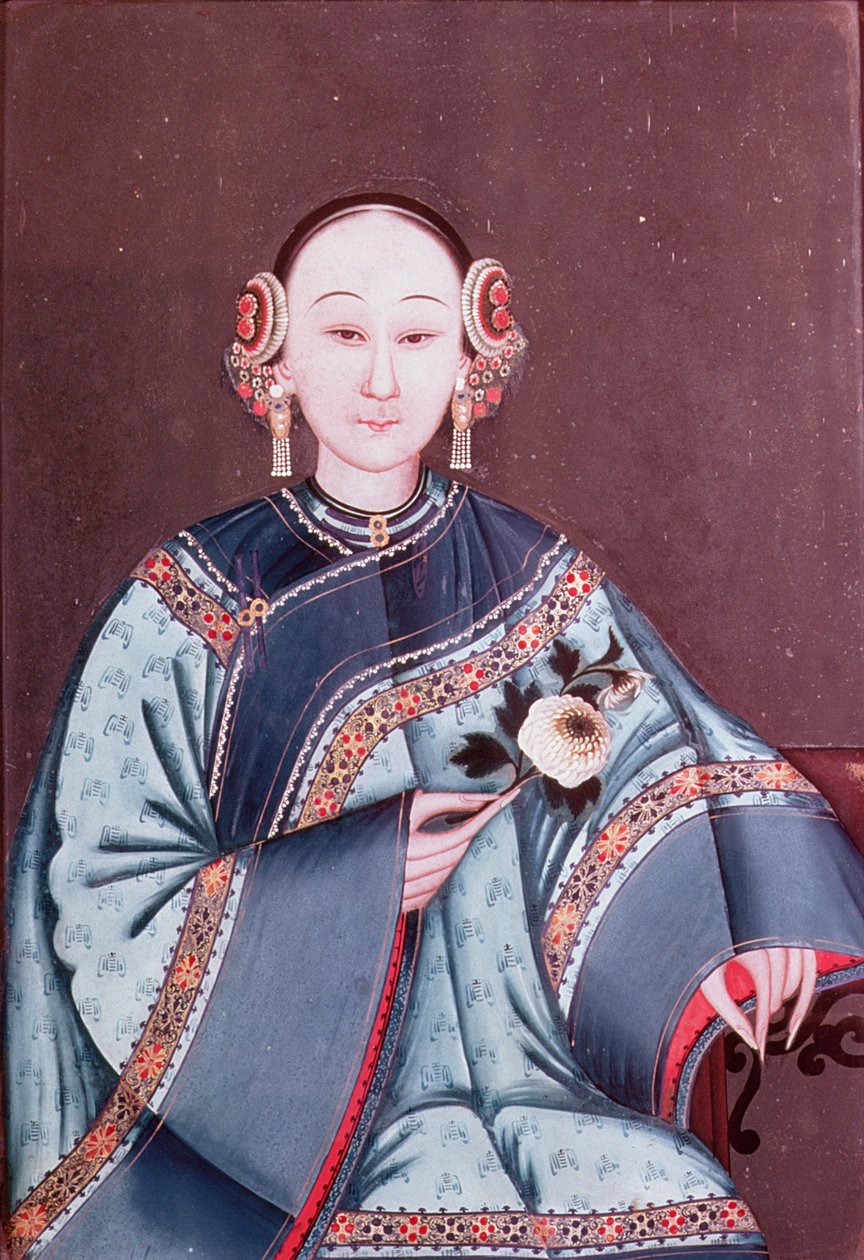 Chinese woman in traditional costume holding a single flower by Chinese School