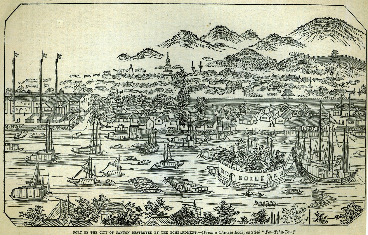 Port of the City of Canton, Destroyed by the Bombardment, Chinese Illustration Printed in 