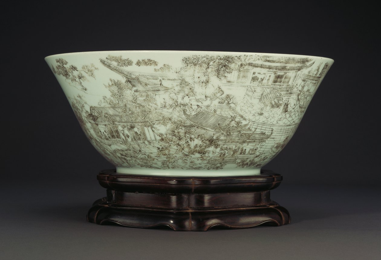 A large incised porcelain bowl depicting a continuous scene of ladies in the palace grounds by Chinese School