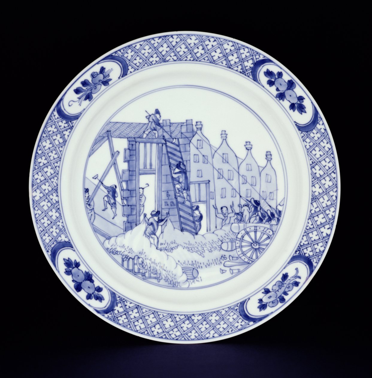 Blue and white plate depicting the Rotterdam Riots by Chinese School