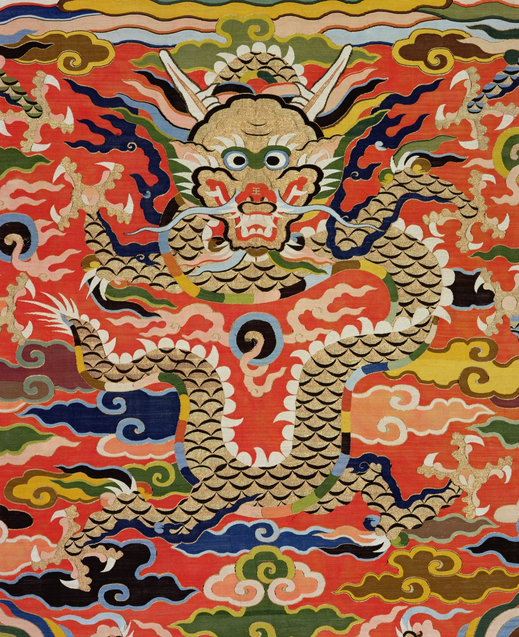Detail from fabric depicting a five-dragon Kossu, Wanli period by Chinese School