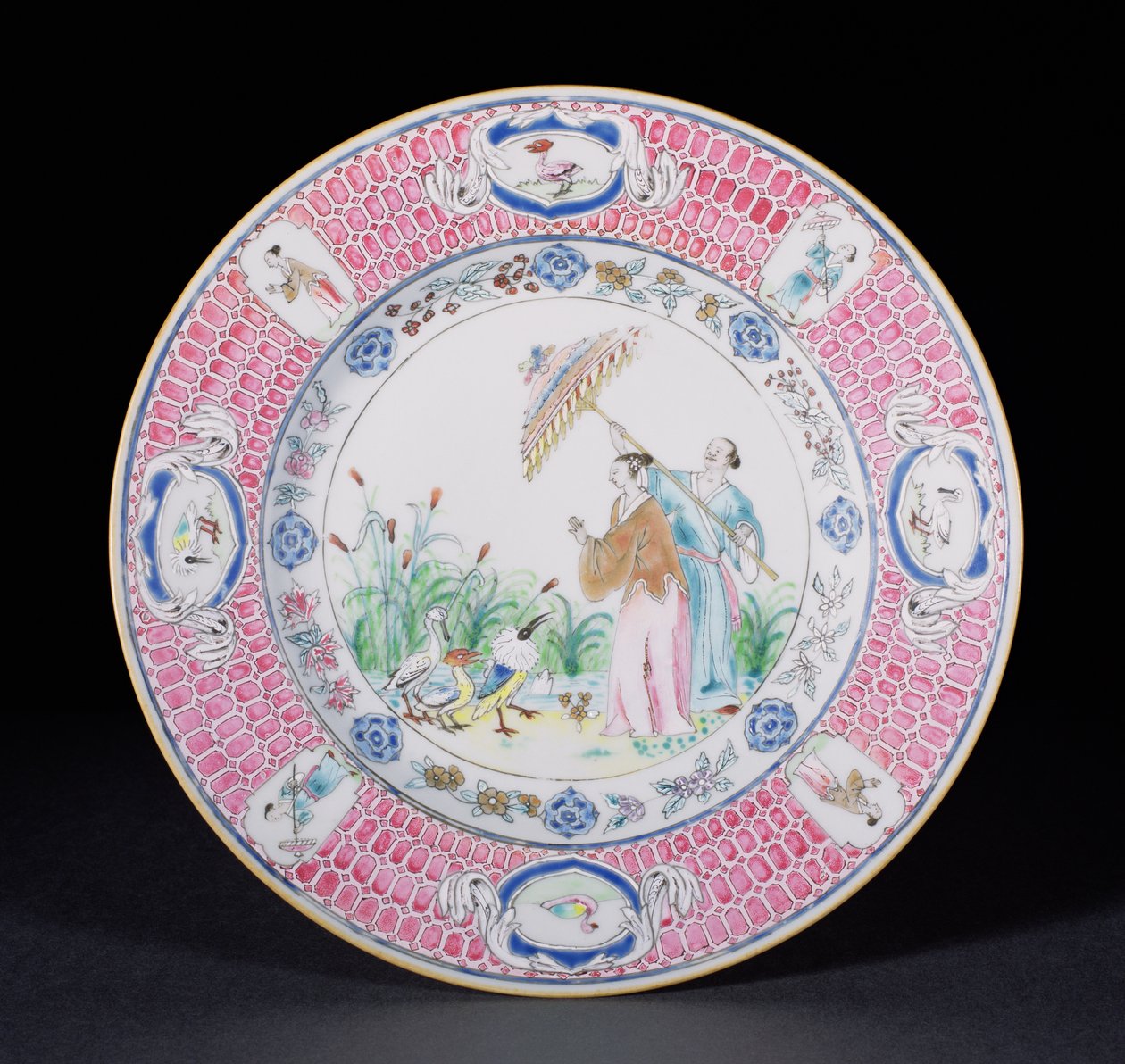 Dinner plate painted in Famille Rose depicting La Dame au Parason, after a design by Cornelis Pronk, Qianlong period c.1734 by Chinese School