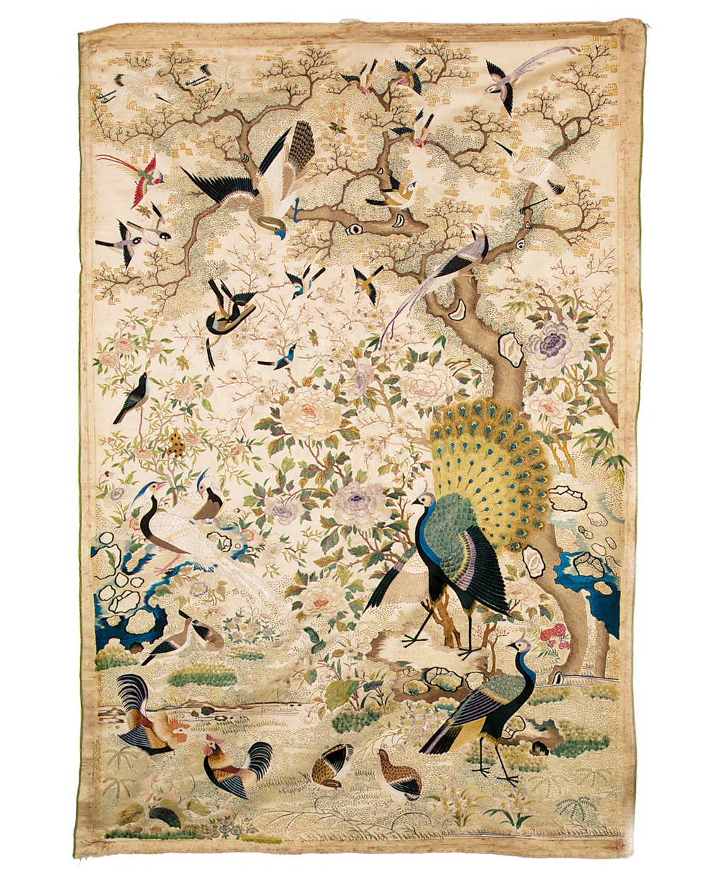 Embroidered Panel with a Pair of Peacocks and Numerous Other Birds Beneath a Gnarled Tree with Peonies and Prunus Blossom, Canton by Chinese School