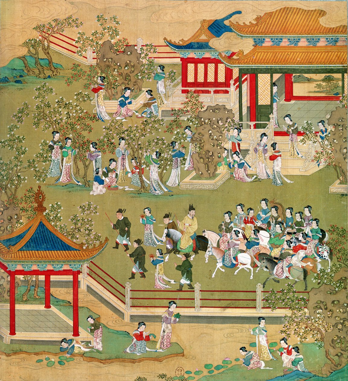Emperor Yang Ti strolling in his gardens with his wives by Chinese School